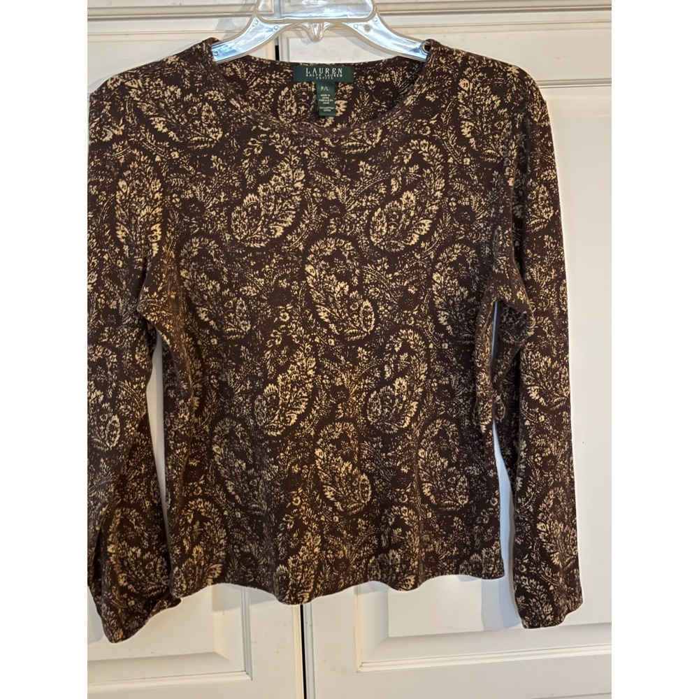 Lauren Ralph Lauren Petite Brown Paisley Cotton Long Sleeve Top P/L
